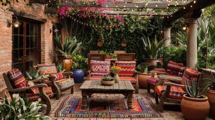 Mexican Bohemian Patio Bliss: Cozy Outdoor Space with Lush Textiles and Greenery