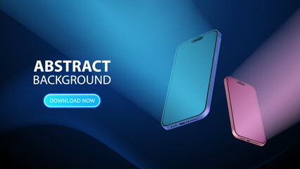Poster - 3D smartphone mockup with blue and purple lights on blue technology background.  Perspective view of a smartphone with a blank screen for UI, UX, and web presentation. Vector.