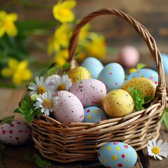 Wall Mural - Easter eggs in a basket with flowers