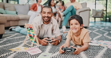 Canvas Print - Father, son and video game on living room floor with smile, laugh and cover eyes for competition in family home. Gaming, dad and boy kid with cheating, contest or esports on carpet in lounge at house