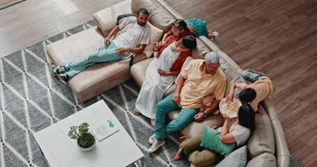 Wall Mural - Family, popcorn and streaming on sofa in living room of home from above for bonding or visit. Grandparents, parents and children watching tv in apartment together for break, holiday or vacation