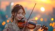 a beautiful asian woman plays the violin in an epic orchestra against the backdrop of a city street at sunset