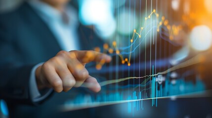 Wall Mural - Businessman hand pointing finger to growth success finance business chart. analyzing investment and financial trading data in candlestick chart on a touch screen interface.