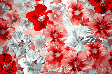 Wall Mural - red and white flowers background floral nature wallpaper beautiful painting, drawing, colorful blossom vintage fabric pattern, decoration with bloom leaves, branches bold vivid colors illustration