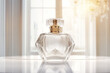 Elegant crystal clear perfume bottle on a reflective surface with a luxurious ambiance