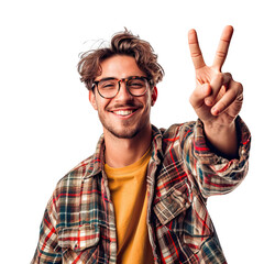 Wall Mural - Portrait of young man happy smiling with Showing Two fingers up, Standing Posing surprised expression attractive cheerful amazed, isolated on white background, png