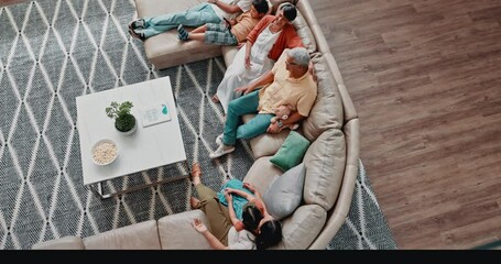 Wall Mural - Family, relax and conversation on sofa in living room of home from above for bonding or visit. Grandparents, parents and children talking in apartment together for love, holiday break or vacation
