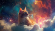 cat looking with colorful clouds 