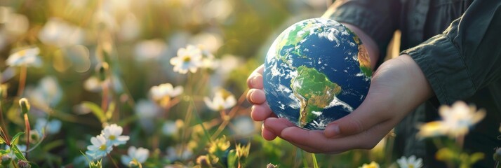 Wall Mural - human hands holding globe, blooming field background