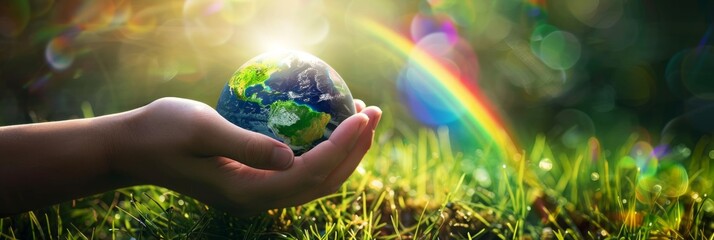 Wall Mural - hands holding earth with rainbow and sunlight in grass