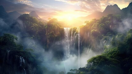 Wall Mural - A magnificent waterfall tumbling down a mountainous setting, lit by the first rays of sunlight that catch the mist the falling water creates.