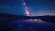 A panoramic night scene featuring the Milky Way's luminous band over a desert lake, where the still water and sparse landscape enhance the vastness and beauty of the star-filled sky. 8k