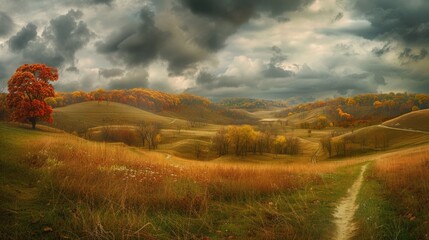 Wall Mural - A panoramic view of a rolling hillside covered in autumn foliage, 