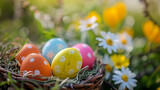 Fototapeta Tulipany - Colorful easter eggs in a basket on the grass with daisies