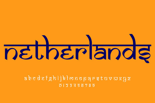 European country Netherlands name text design. Indian style Latin font design, Devanagari inspired alphabet, letters and numbers, illustration.