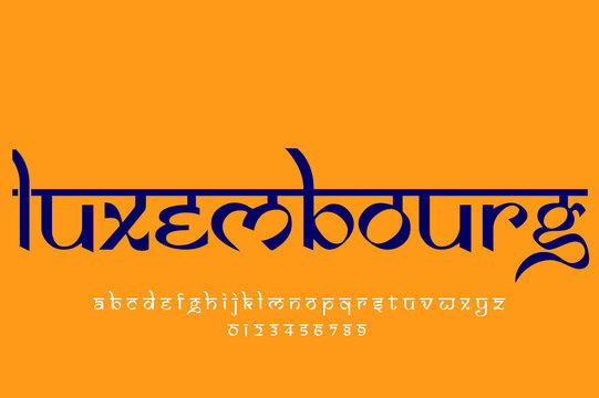 European country Luxembourg name text design. Indian style Latin font design, Devanagari inspired alphabet, letters and numbers, illustration.