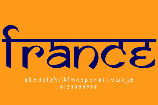 European country France name text design. Indian style Latin font design, Devanagari inspired alphabet, letters and numbers, illustration.