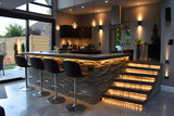 Fototapeta  - A contemporary black and white mini bar with elegant lighting. Interior design.