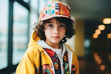 Portrait Of A Cute Little Boy In A Yellow Raincoat And Cap.