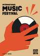 Music festival poster template design background with retro vinyl record and hand