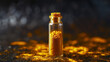 A small vial of bright yellow turmeric powder. Turmeric is a powerful antiinflammatory and is often used in herbal remedies to aid joint pain and promote overall wellness.