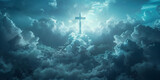 Fototapeta Na sufit -  Cross surrounded by clouds and cloudy sky Spiritual illustration of a cross drawn with watercolors in the sky representing and catholic religion..AI Generative