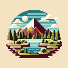 Nature Illustration Logo Vector Art With Mountain, Lake, Forest, Cloud Sky, Mountain Logo