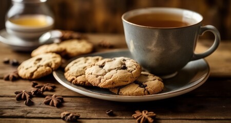 Canvas Print -  Cozy afternoon tea with cookies and spices