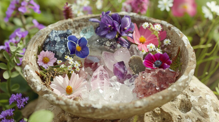 Wall Mural - A detailed view of a bowl filled with fresh flowers herbs and crystals used for creating an allnatural energyinfused space.