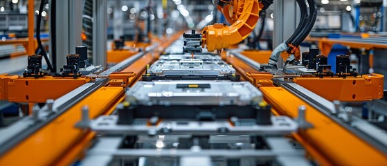 close-up of a manufacturing line for mass-producing electric vehicle batteries