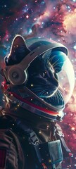 Wall Mural - a space cat in a tiny helmet floating against an orbital sunrise capturing the beauty of the vacuum 