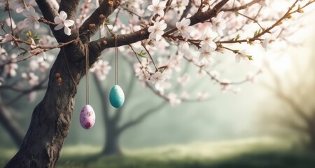 Canvas Print -  Eggs hang from a tree branch, symbolizing new life and growth