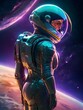 A stoic lunar void voyager stands against the endless expanse of space, clad in a metallic suit adorned with glowing neon accents. Generative AI