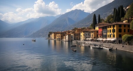 Poster -  Tranquil lakeside village under a clear sky