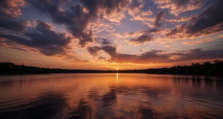 Wall Mural -  Tranquil sunset over serene lake