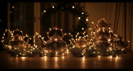 Sticker -  Glowing teapots on a festive table