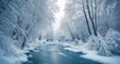  Wintry serenity - A snow-covered forest with a frozen river