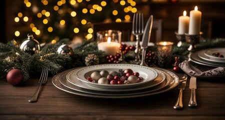 Canvas Print -  Elegant Christmas feast setting with festive tableware and decorations