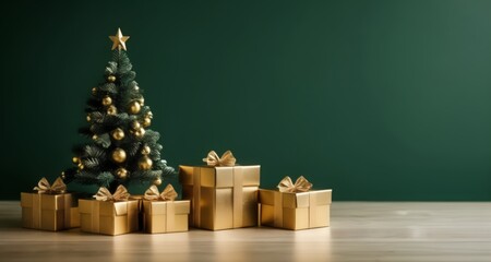 Poster -  Golden Christmas presents under a festive tree