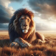 Majestic lion resting on a savanna plain 