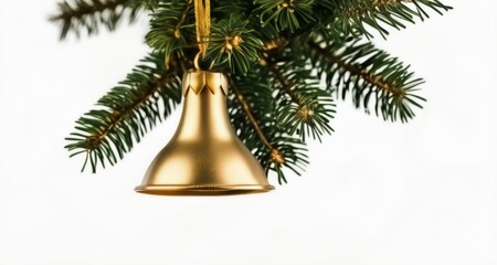 Poster -  Golden Christmas bell hanging from a branch of a pine tree