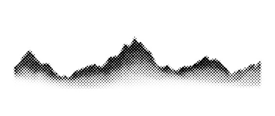 Aufkleber - Grunge halftone mountain range. Black textured landscape terrain silhouette. Fading grainy hills chain wallpaper. Grungy dotted mountain peaks background. Vector long rock terrain illustration