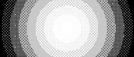 Wall Mural - Radial pixelated gradient texture. Black and white dithered round gradation. Retro circle video game background. Halftone 8 bit wallpaper. Vintage circular pixel art. Vector bitmap overlay backdrop