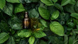 A small bottle of dark earthycolored oil rests against a backdrop of lush green leaves. The aroma of this Ayurvedic essential oil used for medicinal purposes and stress relief