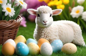 Sticker - Cute easter lamb and colorful easter eggs with spring flowers