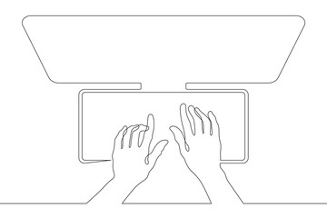Poster - Top view of hands typing on a computer keyboard. Printing text on a computer. Computer monitor.Text input. View from above.One continuous line . Line art. Minimal single line.White background. One lin
