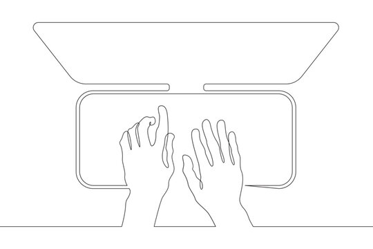 Top view of hands typing on a computer keyboard. Printing text on a computer. Computer monitor.Text input. View from above.One continuous line . Line art. Minimal single line.White background. One lin