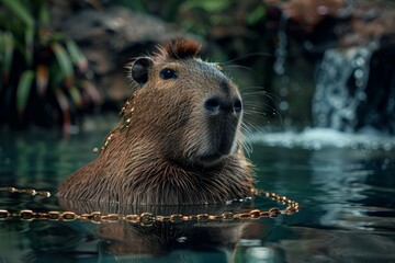 Wall Mural - capybara with dark lenses, chain of gold and flow