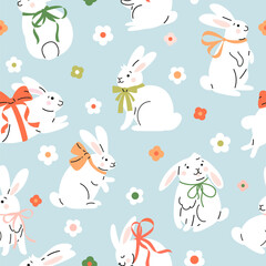 Wall Mural - Seamless pattern with Cute cartoon white rabbits with bows.  Hand drawn vector illustration. Adorable Easter bunny background.