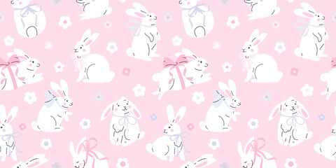 Wall Mural - Seamless pattern with Cute cartoon white rabbits with bows.  Hand drawn vector illustration. Adorable Easter bunny background.